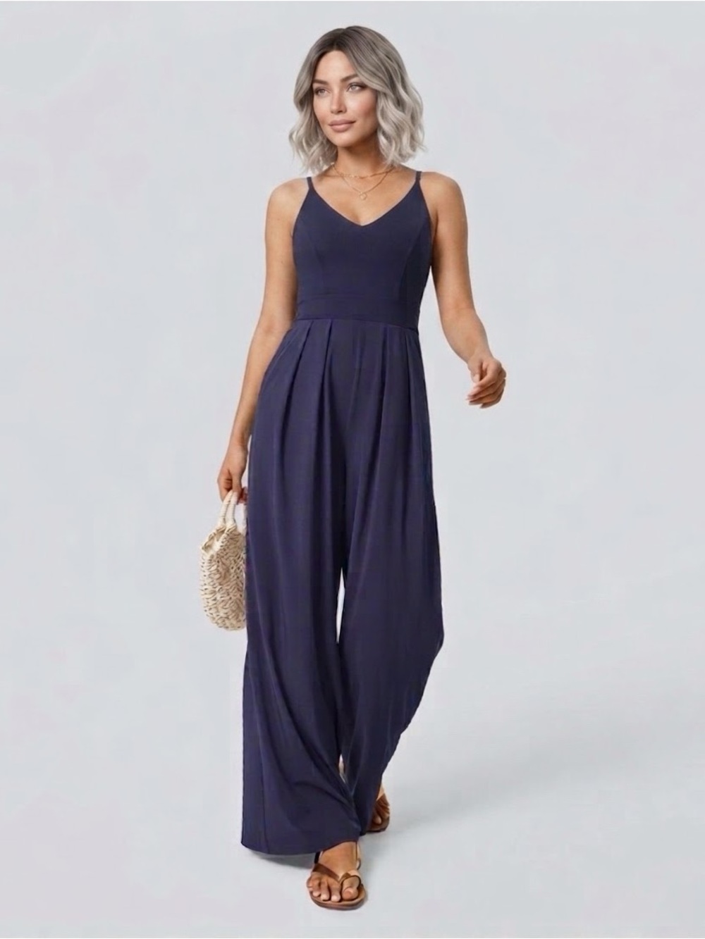 🆕 Halara | Breezeful Backless Navy Wide-Leg Jumpsuit Quick Dry Pockets Stretch
